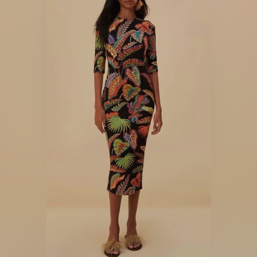 Farm Rio Cool Foliage Black Jersey Midi Dress, Medium